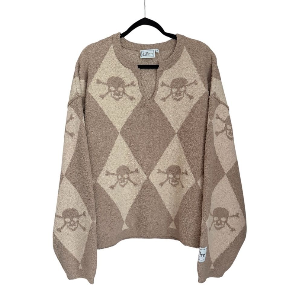 Skull House Argyle Plaid Cross Bones Tan Beige Sweater Size L/XL